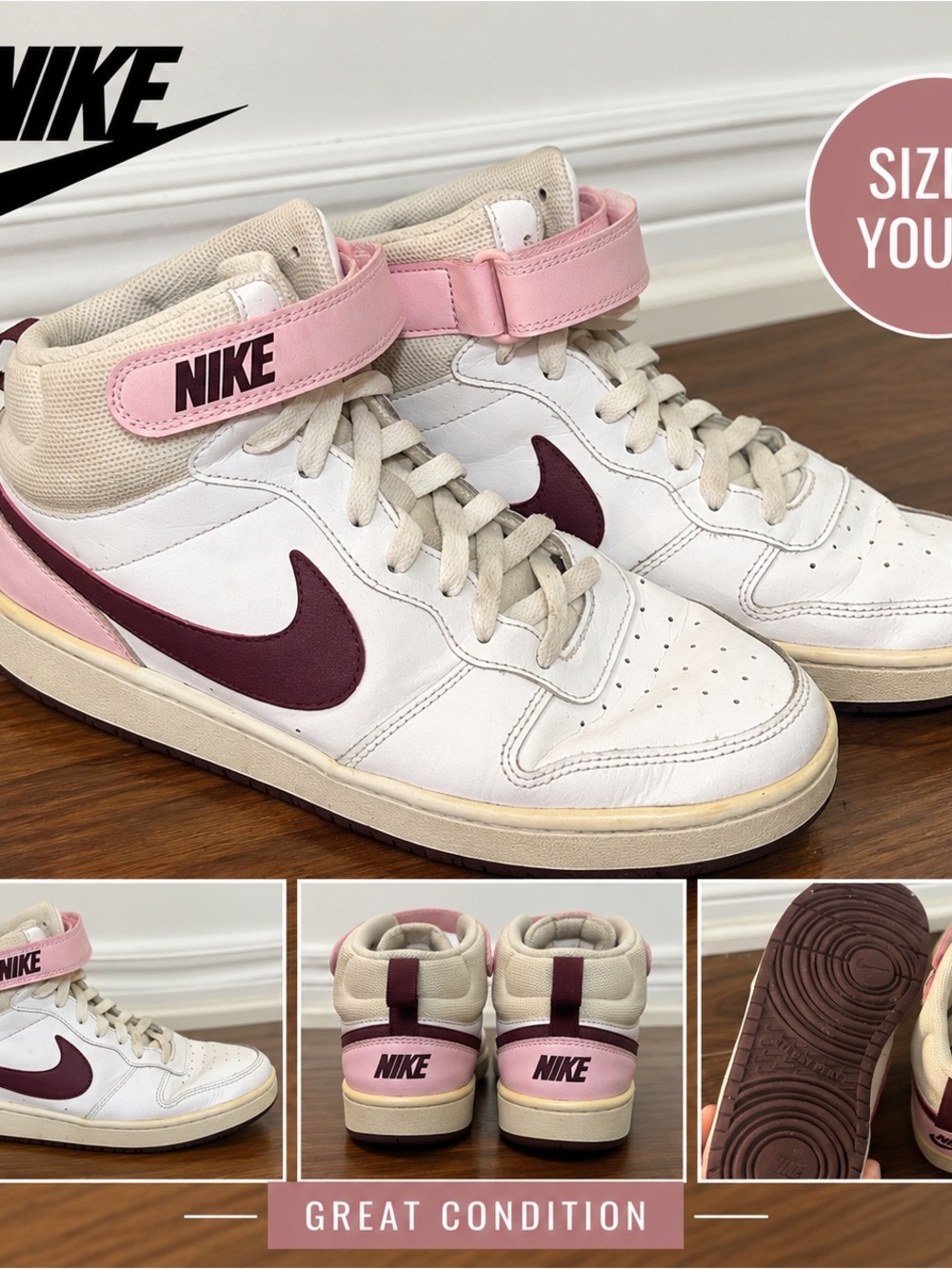 Nike Kids High-Top Sneakers in White, Pink & Burgundy